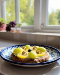 Feestelijke vruchtenpizza gemaakt van havermout en banaan, belegd met verse yoghurt en kleurrijk fruit, perfect als gezond ontbijt.