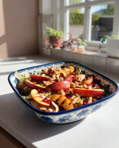 Zomerse kip-nectarine salade met gegrilde nectarines, een perfecte combinatie van hartig en zoet.