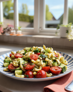 Gezonde pasta pesto salade met veel groenten, perfect als snelle maaltijd of zomerse picknicksalade